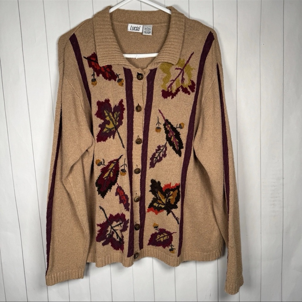 VTG Lucia Embroidered Button Cardigan Autumn‎ Fall Sweater Modest Granny L